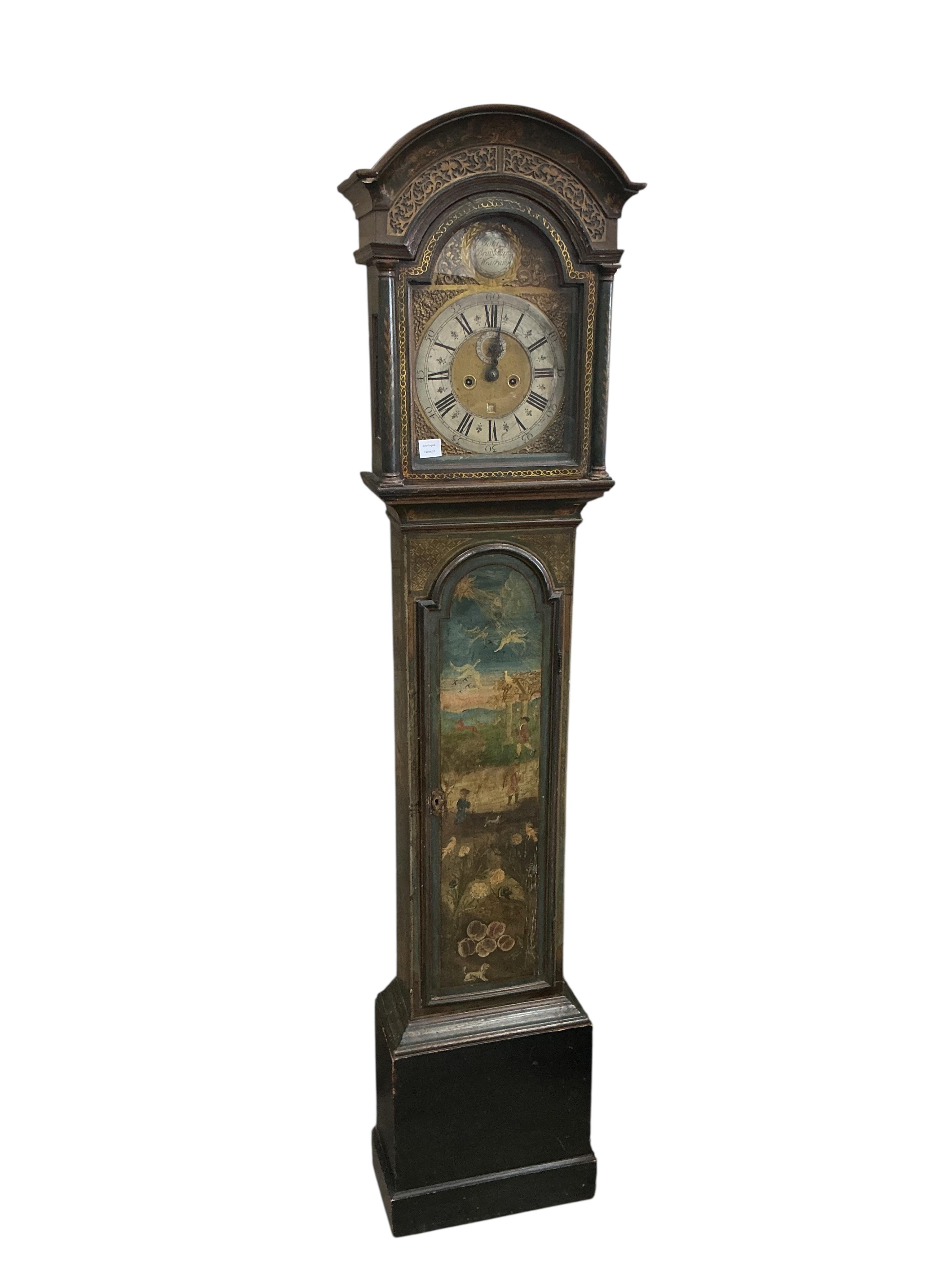 John Bradbourn - Westram (sic) - a George III green lacquered and painted and decorated 8 day longcase clock. Note: John Bradbourn recorded as working in Westerham, born 1744, clockmaker 1761. Plinth probably replaced, h